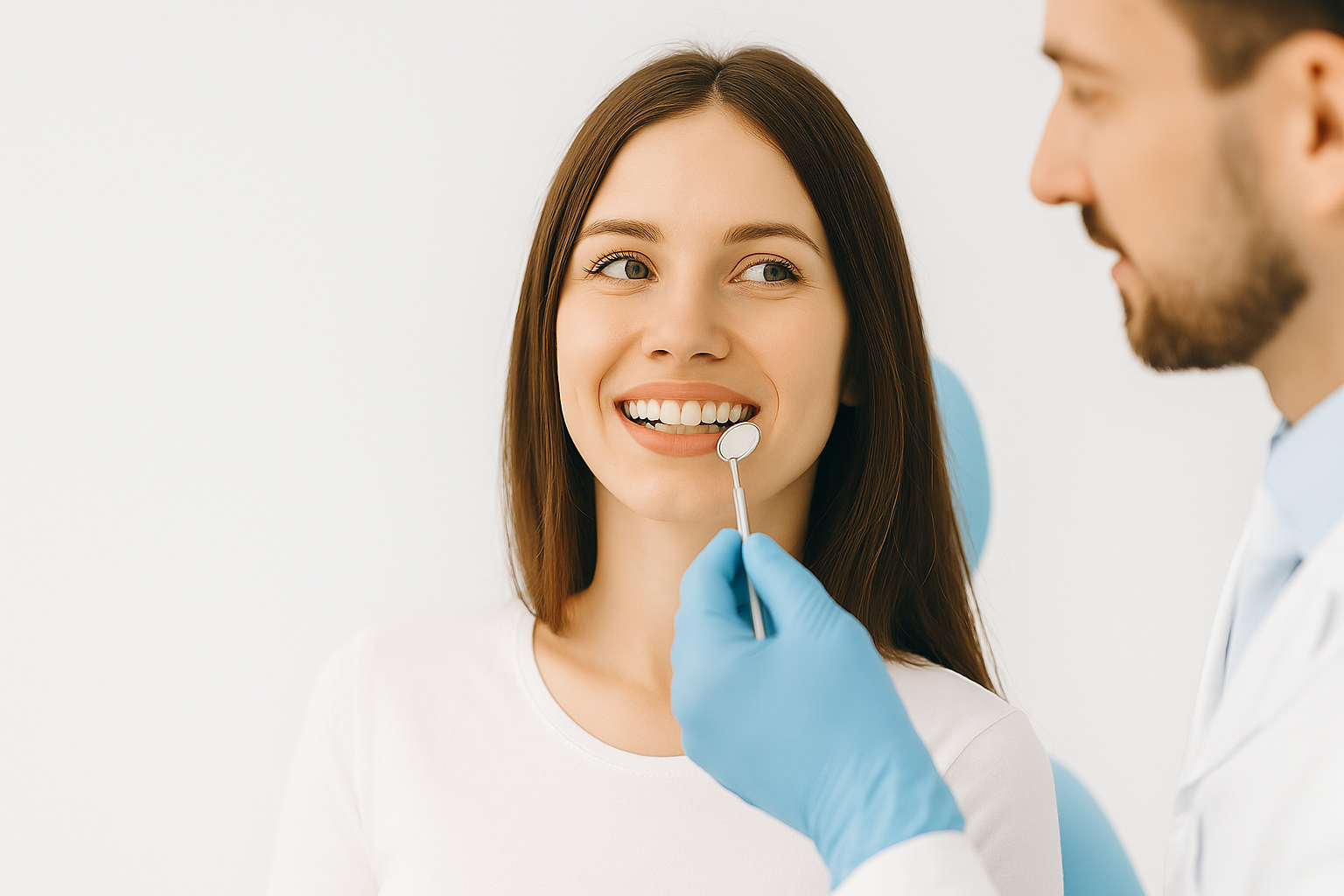 Dentista atendiendo a paciente sonriente en clínica moderna GF Dental Clinic